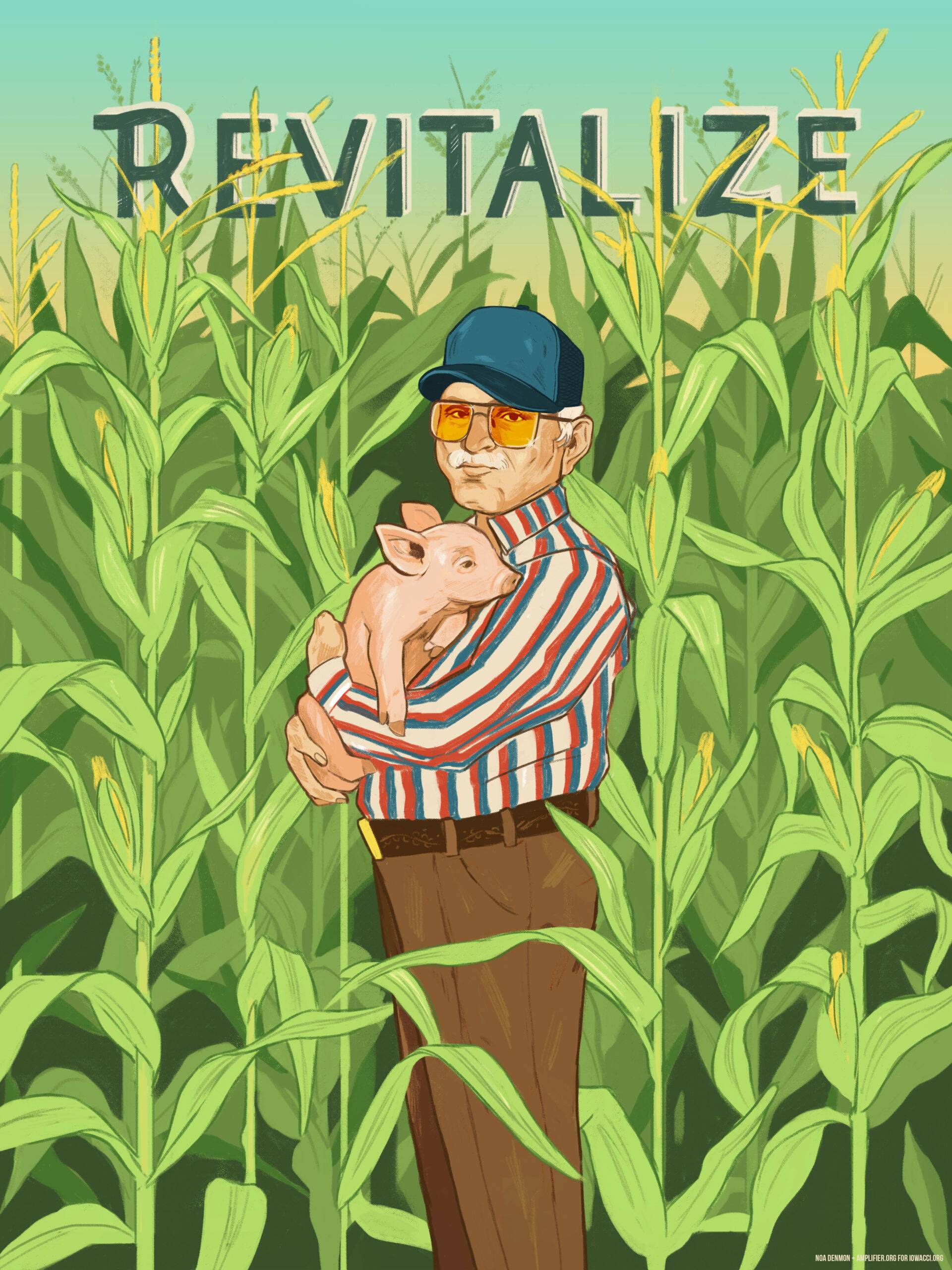 Print of a cartoon man holding a small pig in a corn field. The word "Revitalize" is at the top of the poster.